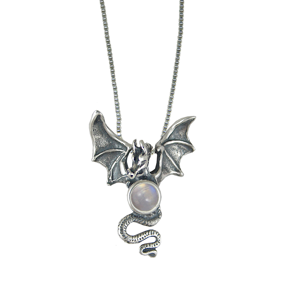 Sterling Silver Dragon of Protection Pendant With Rainbow Moonstone